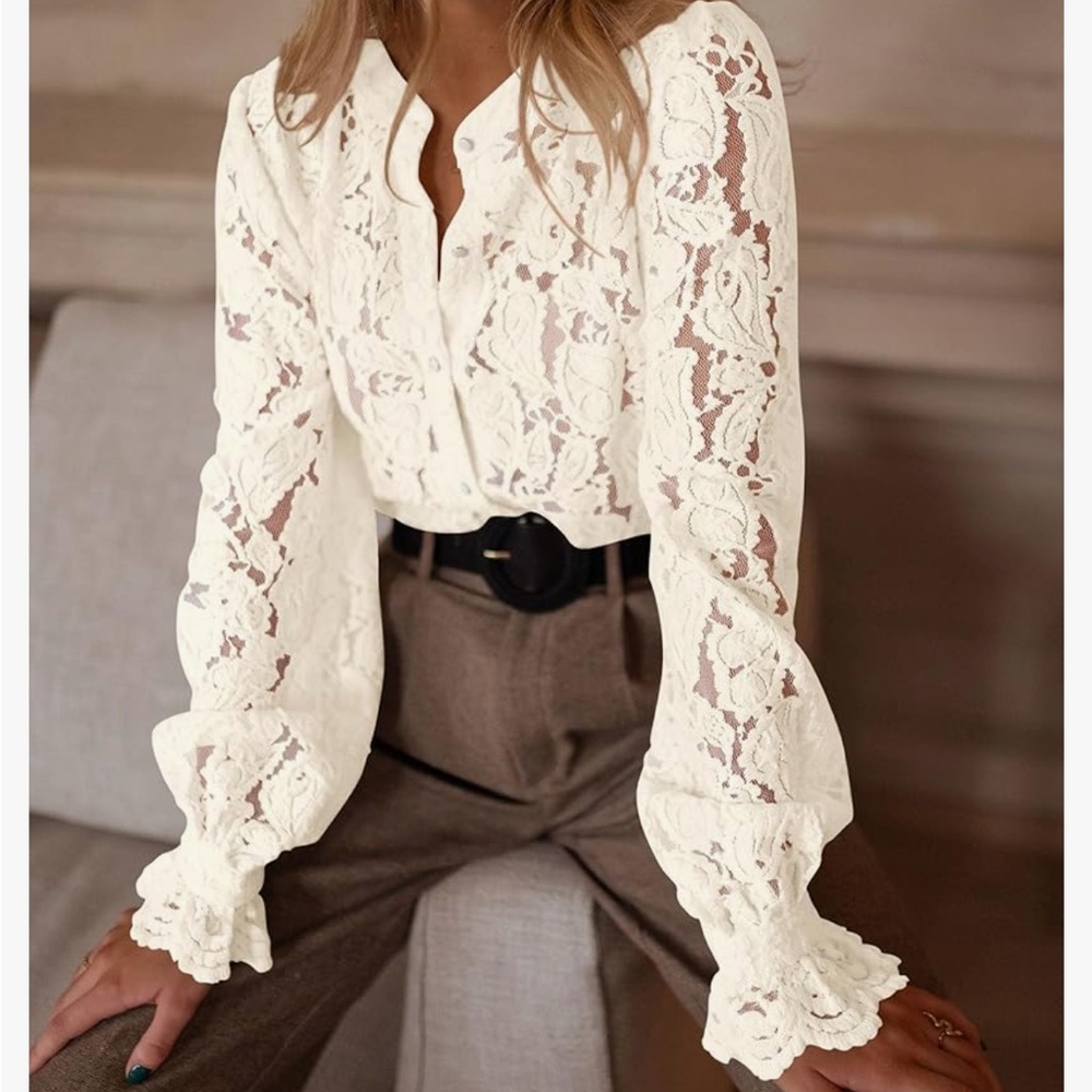 PRETTYGARDEN Women's Dressy Casual Lace Blouse Long Sleeve Button Up Shirt